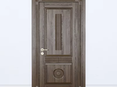Wooden Swing Door with Vertical Stripes Circular Panel Golden Handle Modern Design Solid Wood Texture 3d model