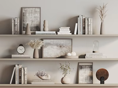Stylish Decorative Items Collection On Shelves With Framed Art Books Vases Sculptures And Dried Plants 3d model