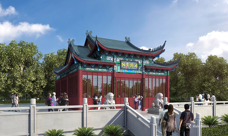Ancient Chinese Architecture with Green Roof Red Structure Stone Lions Visitors Trees Under Blue Sky 3d model 