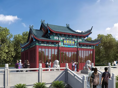 Ancient Chinese Architecture with Green Roof Red Structure Stone Lions Visitors Trees Under Blue Sky 3d model