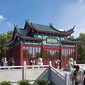 Ancient Chinese Architecture with Green Roof Red Structure Stone Lions Visitors Trees Under Blue Sky