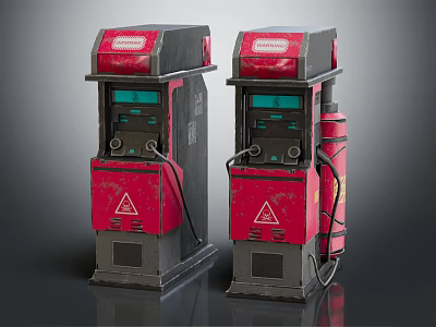 Two Vintage Red Fuel Pumps With Warning Signs And Green Digital Screens 3d model