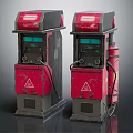 Two Vintage Red Fuel Pumps With Warning Signs And Green Digital Screens