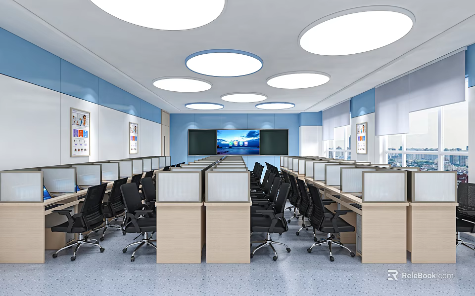 School Modern Classroom With Computer Desks Large Screen Round Ceiling Lights And Blue Walls 3d model 