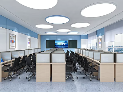 School Modern Classroom With Computer Desks Large Screen Round Ceiling Lights And Blue Walls 3d model
