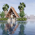 Tropical Thatched Roof Pavilion Over Pool With Palm Trees And Banana Plants