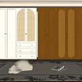 Modern White And Brown Wardrobe With Rattan Panel Doors And Drawer Storage