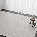 Square Rug With Light Beige Textured Pattern And Small Stools Near White Curtains