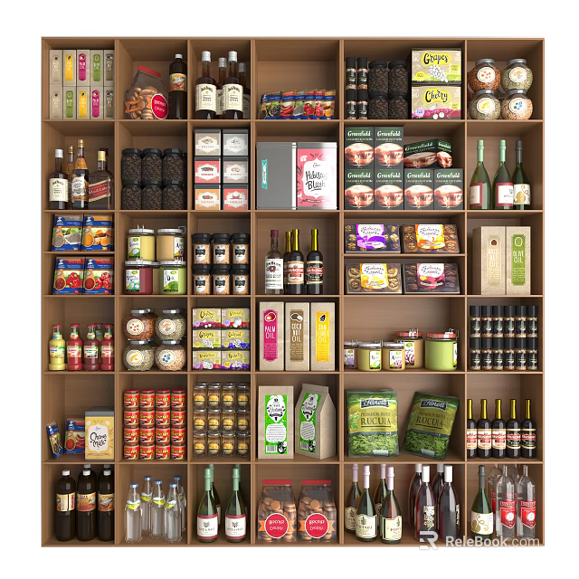 Organized Retail Display Shelves Filled With Assorted Food Products And Beverages 3d model 