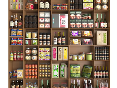 Organized Retail Display Shelves Filled With Assorted Food Products And Beverages 3d model