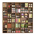 Organized Retail Display Shelves Filled With Assorted Food Products And Beverages