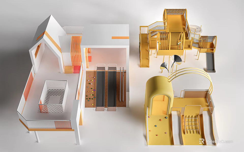 Modern Colorful Children's Playground Equipment With Slides Climbing Frames And Platforms 3d model 