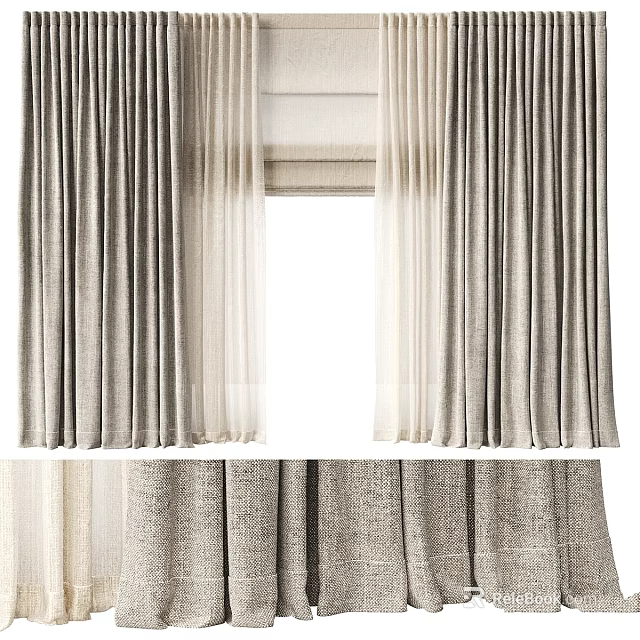 Elegant Light Gray Linen Curtains With Sheer Voile And Window Drapery Design 3d model 