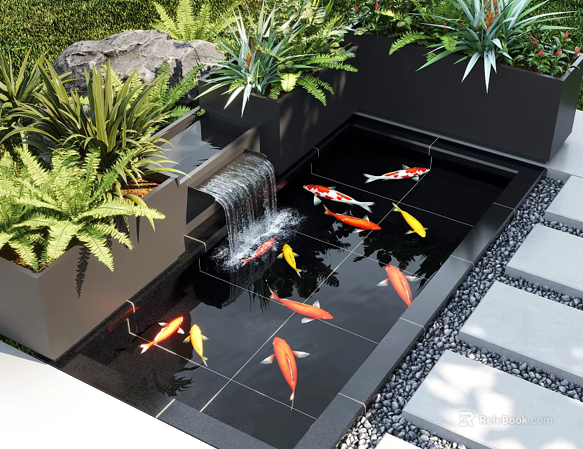 Outdoor Water Fountain with Koi Fish Swimming and Lush Green Plants in Garden 3d model 