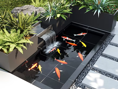 Outdoor Water Fountain with Koi Fish Swimming and Lush Green Plants in Garden 3d model