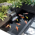 Outdoor Water Fountain with Koi Fish Swimming and Lush Green Plants in Garden