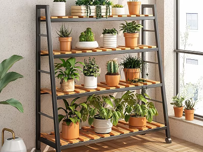 Indoor Garden Decor Multi Tiered Plant Stand With Various Potted Plants 3d model