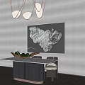 Modern Dining Table Set with White Tabletop Black Legs Chairs Abstract Painting and Pendant Lights