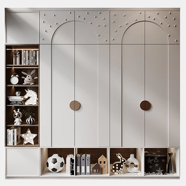 White Decorative Cabinet With Arched Doors Circular Handles And Shelves Of Books Star Ornaments 3d model 