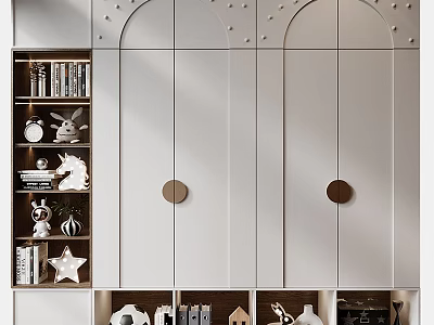White Decorative Cabinet With Arched Doors Circular Handles And Shelves Of Books Star Ornaments 3d model