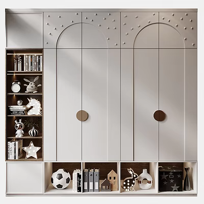White Decorative Cabinet With Arched Doors Circular Handles And Shelves Of Books Star Ornaments 3d model