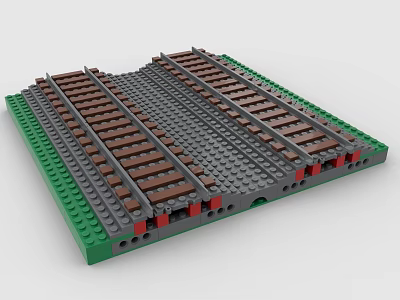 Creative Building Blocks Railway Tracks Design With Green Edges Gray Base Plate And Red Connectors 3d model