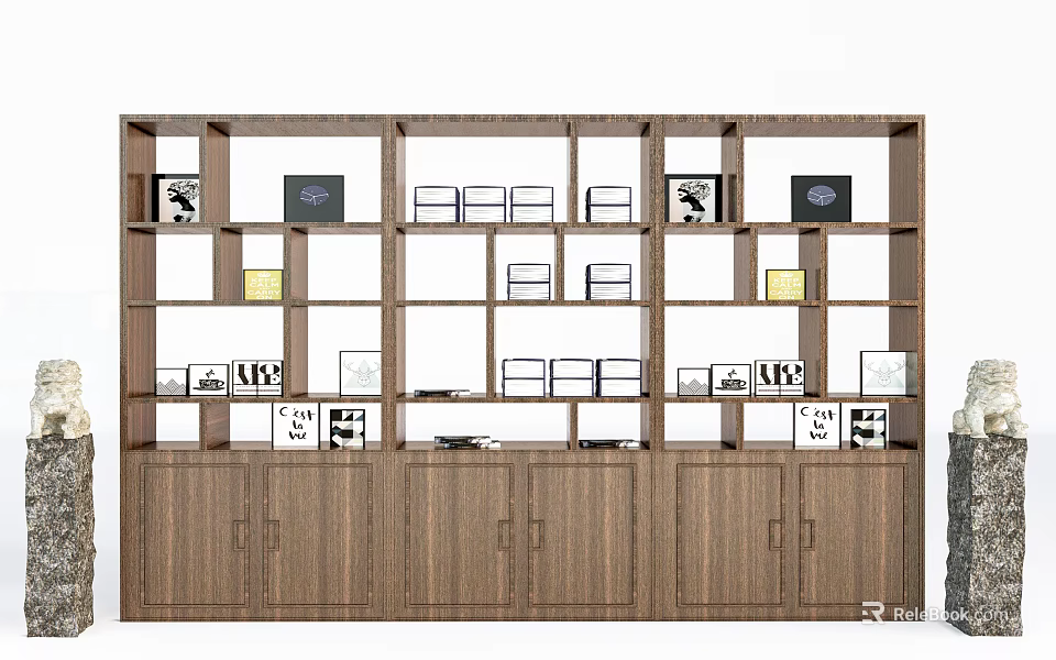 Wooden Display Shelf with Multiple Storage Shelves and Cabinet Doors for Home Decor Organizing Items 3d model 