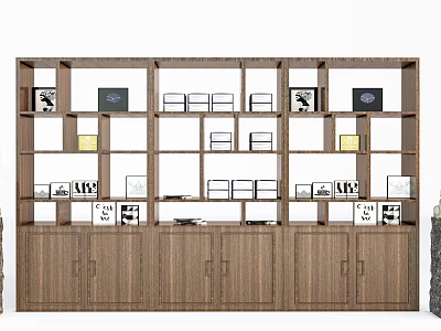 Wooden Display Shelf with Multiple Storage Shelves and Cabinet Doors for Home Decor Organizing Items 3d model