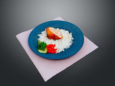 Fried Chicken Piece Served With Steamed Rice On Blue Plate And Fresh Vegetables 3d model