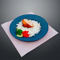 Fried Chicken Piece Served With Steamed Rice On Blue Plate And Fresh Vegetables