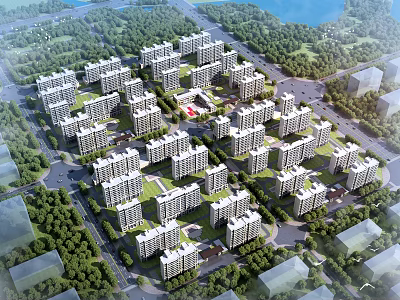 Residential Area Aerial Planning Design With Neatly Arranged Buildings And Green Trees 3d model