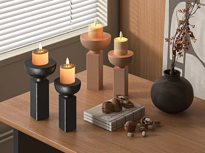 Modern Minimalist Decorative Ornaments Set With Candle Holders Vase Dried Flowers Books And Nuts 3d model