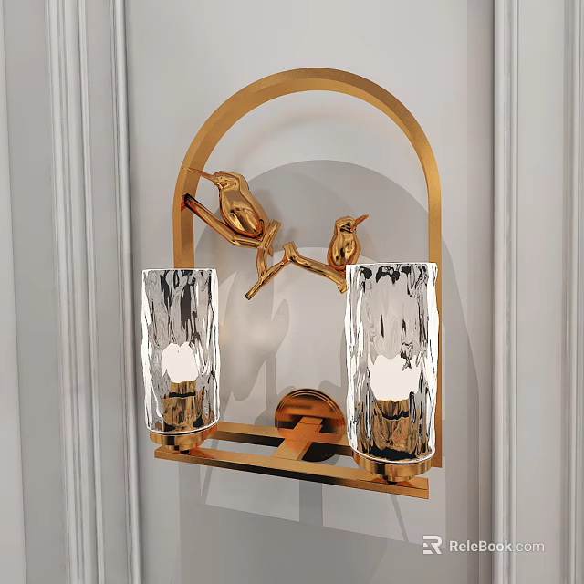 Elegant Arched Golden Wall Lamp With Bird Decorations And Transparent Glass Shades On White Wall 3d model 