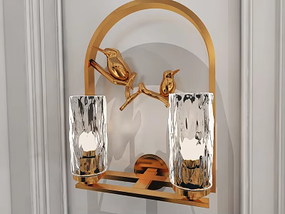 Elegant Arched Golden Wall Lamp With Bird Decorations And Transparent Glass Shades On White Wall 3d model