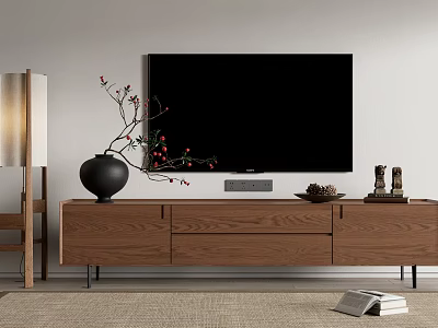 Modern Wooden TV Stand with Black Vase Branches Red Berries Figurines Books and Floor Lamp 3d model