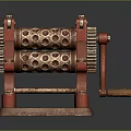 Red Vintage Mechanical Device Featuring Metal Gears Perforated Rollers And Lever On Sturdy Base