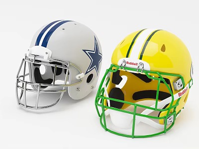 White Football Helmet With Blue Stripes Star And Yellow Riddell Helmet Green Facemask 3d model