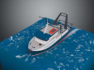 White and Blue Boat With Orange Lifebuoy Deck Railings And Crane On Blue Water 3d model