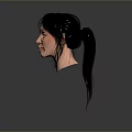 3D Model of Game Film Female Character with Long Black Hair Ponytail Side Profile