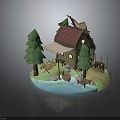 Charming Wooden Cabin With Red Roof Pine Trees Small Boat By Water Swing And Waterwheel