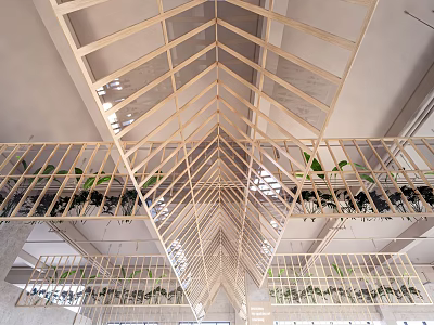 Modern Wooden Frame Ceiling Design With Layered Structure And Green Plants Decoration 3d model