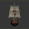 Wooden Sailing Ship Model With Red Cross Sails And Decorative Flag