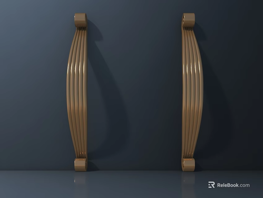 Elegant Golden Curved Door Handles with Shiny Surface on Dark Background 3d model 