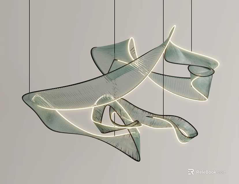 Modern Sculptural Curved Chandelier With Flowing Ribbon Like LED Light Structure 3d model 