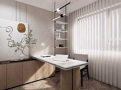 Modern Study Room Interior Featuring Wooden Desk Chair Green Plant Wall Art And Natural Light 3d model