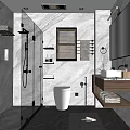 Modern Bathroom Interior With Marble Walls Glass Shower Vanity And Wooden Blinds