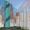Modern Skyscraper With Glass Facade In Urban Skyline Evening View