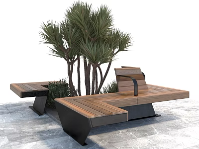 Wooden Slat Outdoor Bench With Metal Frame And Tall Trees On Gray Stone Floor 3d model