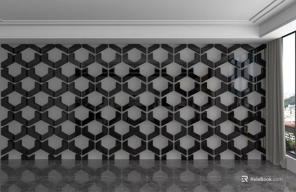 Stylish Modern Background Wall With Black And White Hexagonal Tile Pattern 3d model