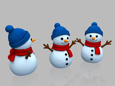 Snowman Decorative Ornament Set With Blue Hats Red Scarves Black Buttons And White Bodies 3d model